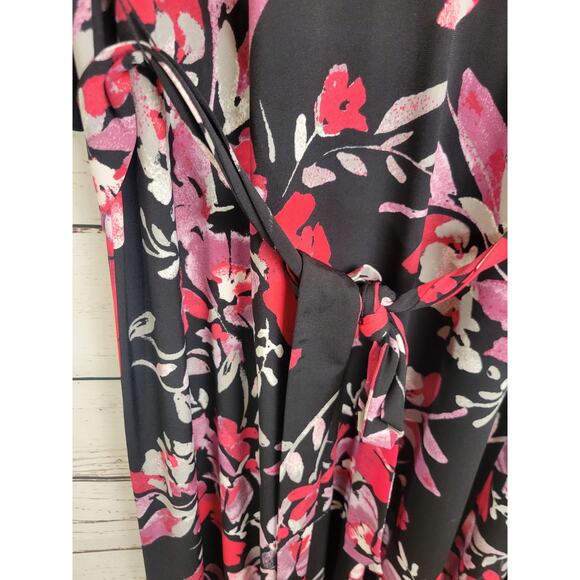 Du Joir Black Red Floral V-Neck 3/4 Sleeve Faux Wrap Maxi Dress Women's Sz XLP - Picture 9 of 16